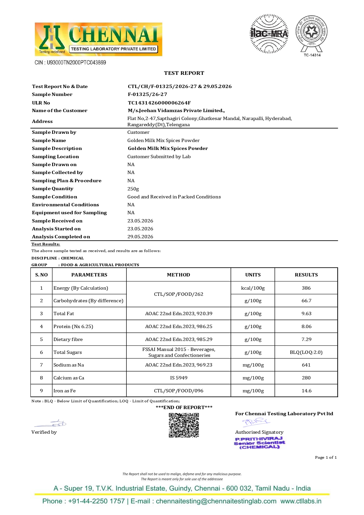Golden Milk Mix Nutritional Fact Report