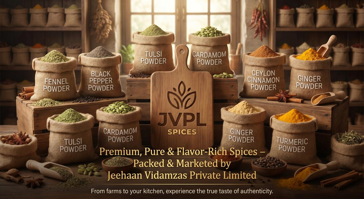 JVPL Premium Spices and Spice Powder Banner showcasing pure organic Indian condiments